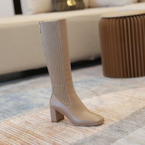 Outstanding temperament ~ Martin boots 2021 new all-match stovepipe leather elastic boots European and American square toe boots womens tide