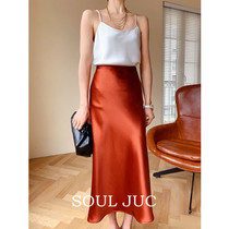 SOUL JUC advanced three acetate satin high waist pituitary feeling half body dress true silk A character dress with a half skirt length