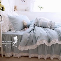 Imported European and American Korean sun flower orchid plaid embedded lace pure cotton bedding cotton bed skirt four-piece set