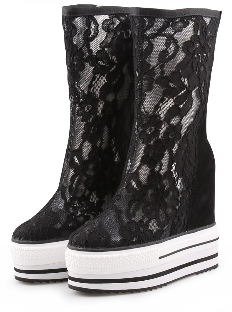 女鞋 靴子 坚城2019春夏凉靴女黑色镂空网靴蕾丝内增高高筒靴坡跟中筒