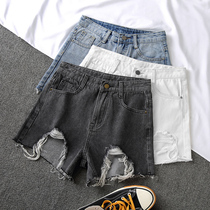 2021 new denim high-waisted shorts womens hip hip show chic hole tassel a word smoke gray wide-leg shorts