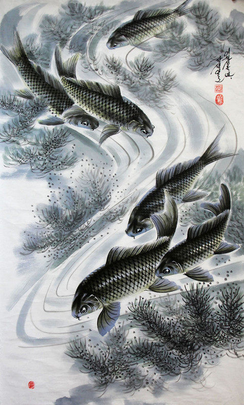 朝鲜一级画家张成日国画六鱼图