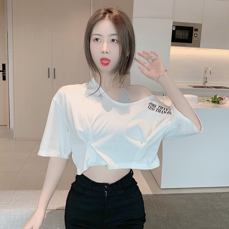 实拍实价~宽松高腰短款露肩假两件上衣设计感小众短袖t恤女夏