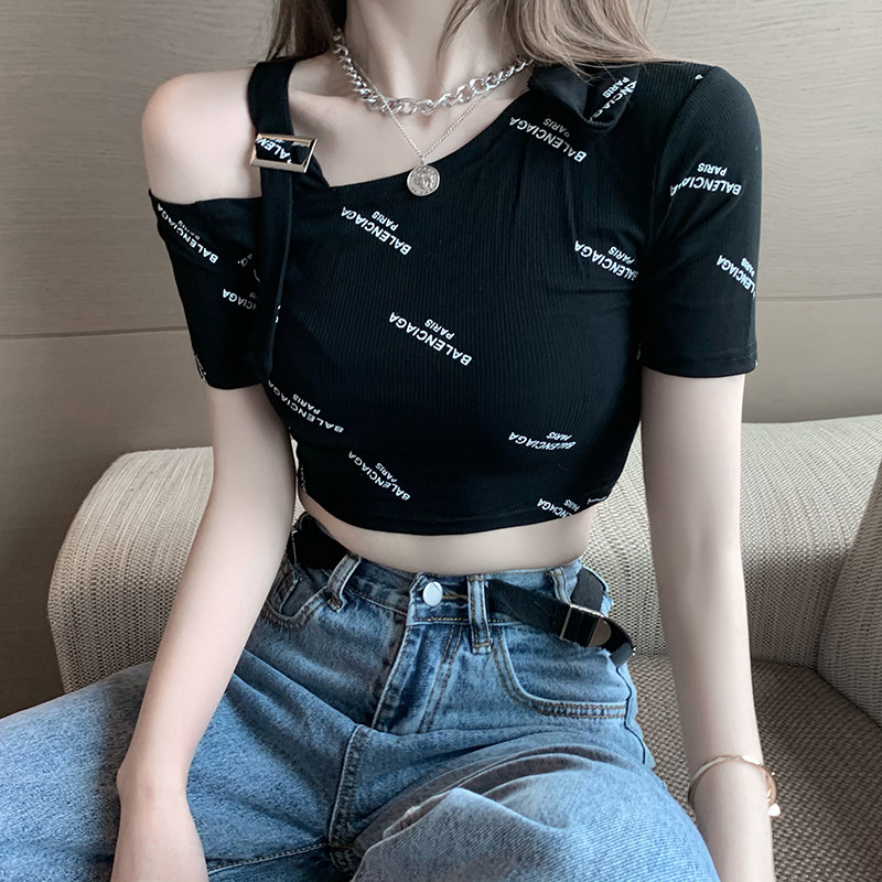 实拍实价性感短款露脐露肩上衣设计感小众短袖t恤女