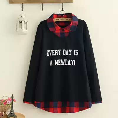 Fat plus size women's clothing 200 kg fat mm spring and autumn fake two-piece headgear loose long-sleeved plaid sweater women