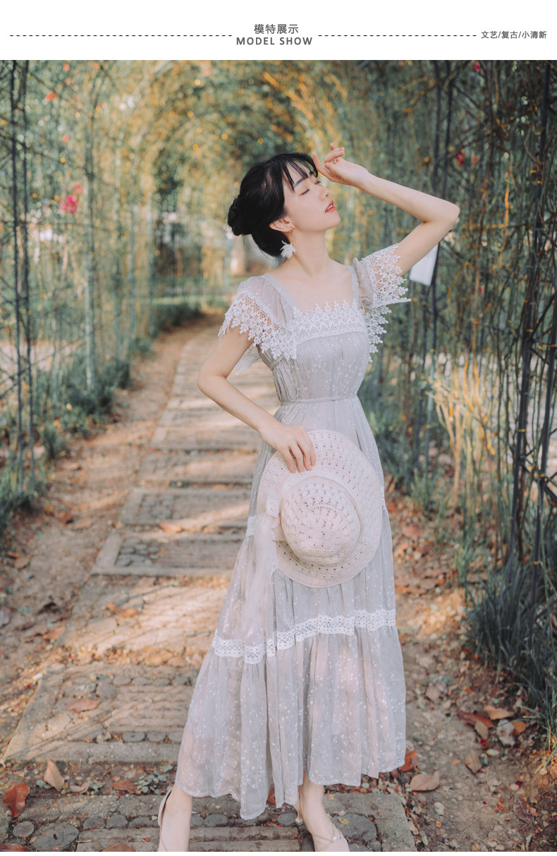 2019夏季新款法式复古裙过膝一字领露肩连衣裙子仙女超仙森系长裙