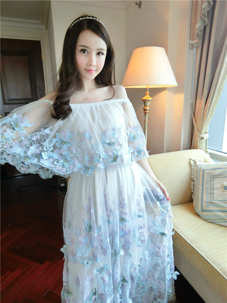 3583#实拍#露肩蝴蝶长裙连衣裙