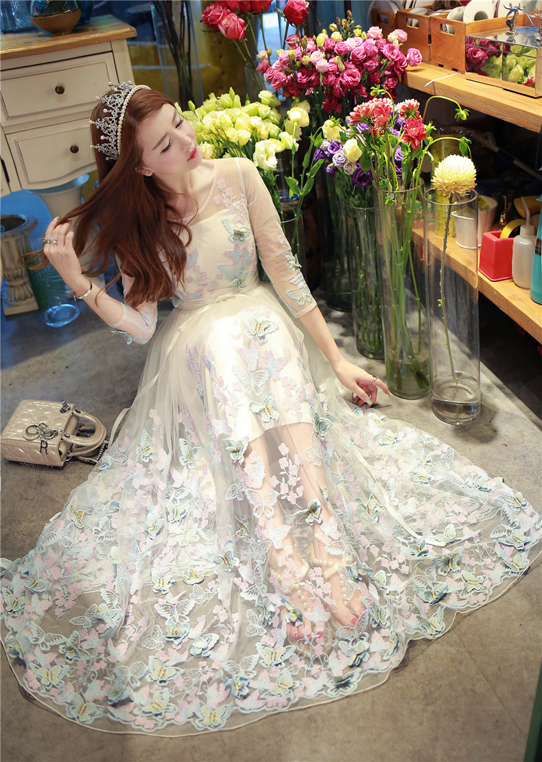 3519# 2017夏款网纱刺绣泰国仙女立体蝴蝶长裙度假裙连衣裙#实拍