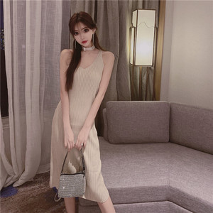 Knitted suspender dress sexy V-neck ice silk skirt with bottom and split vest skirt