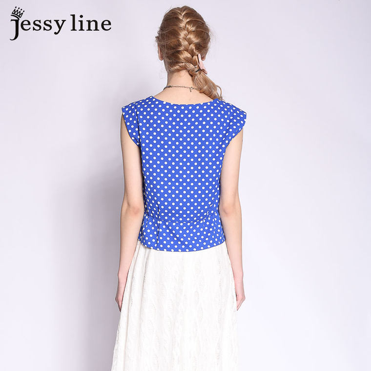 jessy line2015夏装新款 杰茜莱百搭显瘦修身波点钉珠无袖雪纺衫