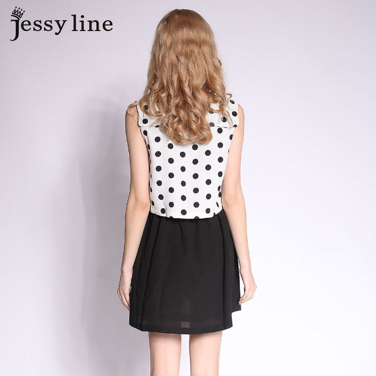 jessy line2015夏装新款 杰茜莱韩版百搭波点撞色拼接雪纺连衣裙