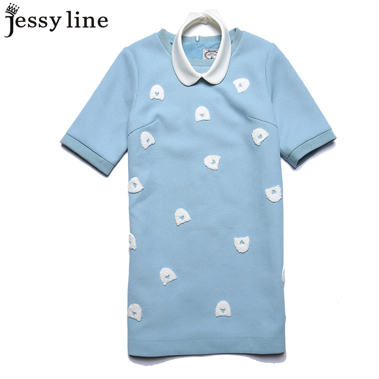 jessy line2015秋装新款 杰茜莱小清新百搭假领拼接短袖连衣短裙