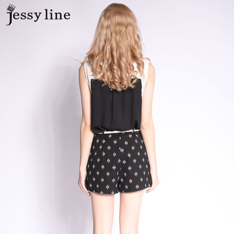 jessy line2015夏装新款 杰茜莱韩版显瘦拼接撞色无袖衬衫 女衬衣