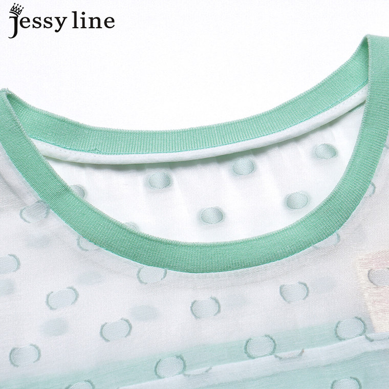 jessy line2015夏装新款 杰茜莱甜美百搭拼接波点小清新雪纺小衫