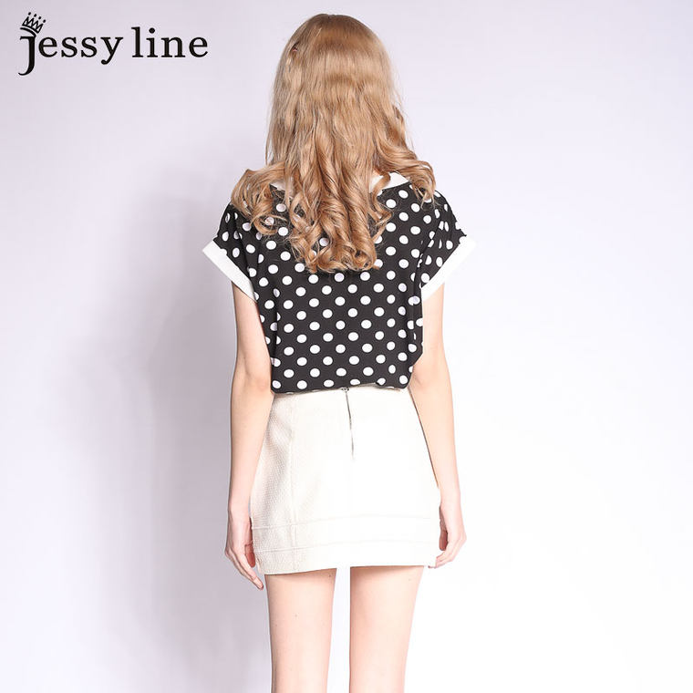 jessy line2015夏装新款 杰茜莱甜美显瘦大波点娃娃领短袖T恤 女