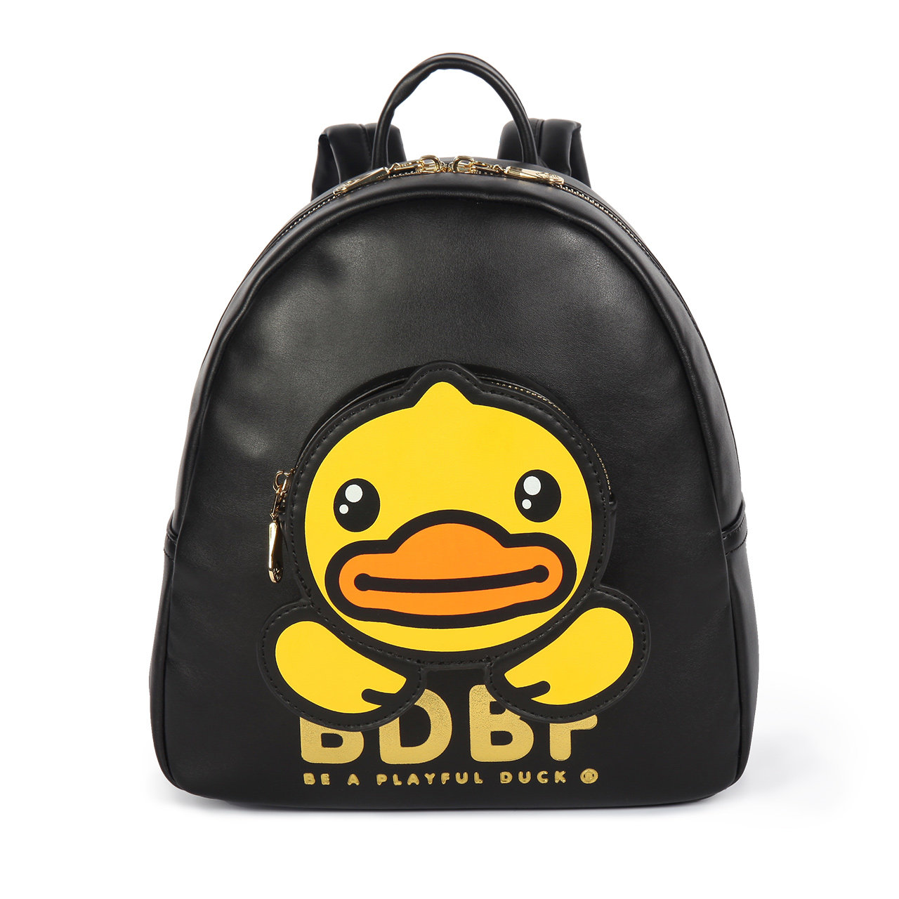 duck小黄鸭新款黑色经典复古pu双肩包 纯色女包黑色双肩包大包 品牌