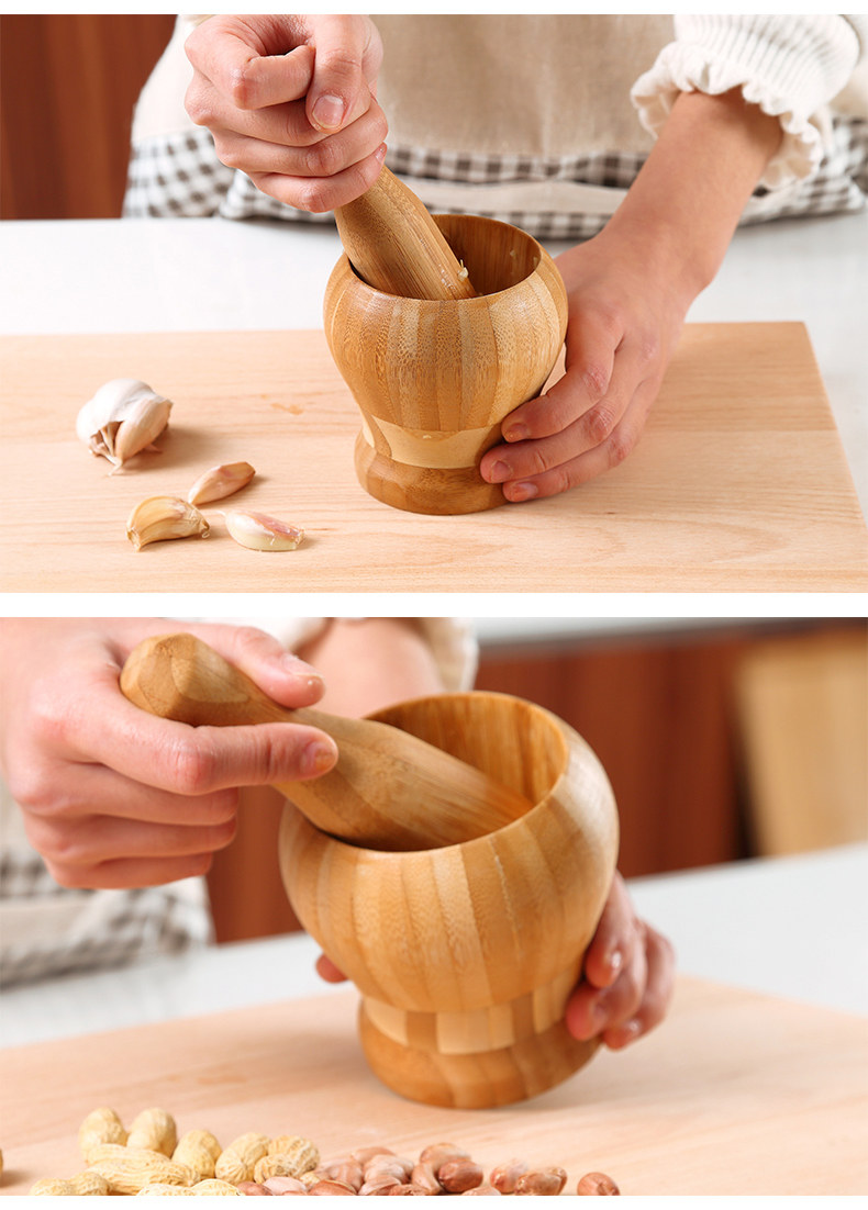 蒜臼子家用手动捣碎蒜泥器竹实木罐捣蒜器捣药罐擂钵研磨神器