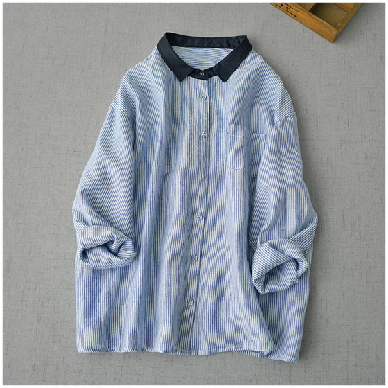 Spring women's simple and versatile linen striped shirt small fresh thin linen long-sleeved top loose literary style shirt
Spring women's simple and versatile linen striped shirt small fresh thin linen long-sleeved top loose literary style shirt