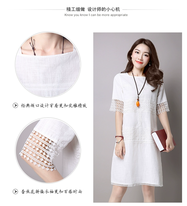 S code real shot ren của phụ nữ Hàn Quốc A-line rỗng và thanh lịch và mỏng giữa dài tay ngắn vải cotton và lanh váy - A-Line Váy