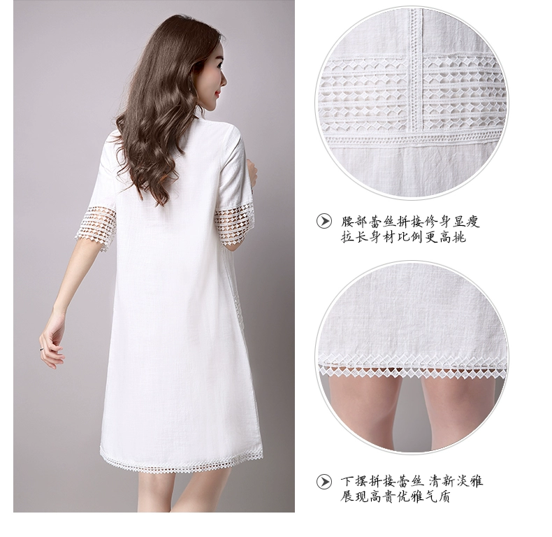 S code real shot ren của phụ nữ Hàn Quốc A-line rỗng và thanh lịch và mỏng giữa dài tay ngắn vải cotton và lanh váy - A-Line Váy