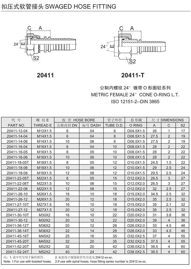 液压软管接头公制h型内螺纹24°锥密封o型圈轻系列胶管接头20411