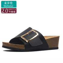 Maibu Cork slippers thick-soled slope heel summer womens shoes outside wear square buckle waterproof table ins tide open toe Joker