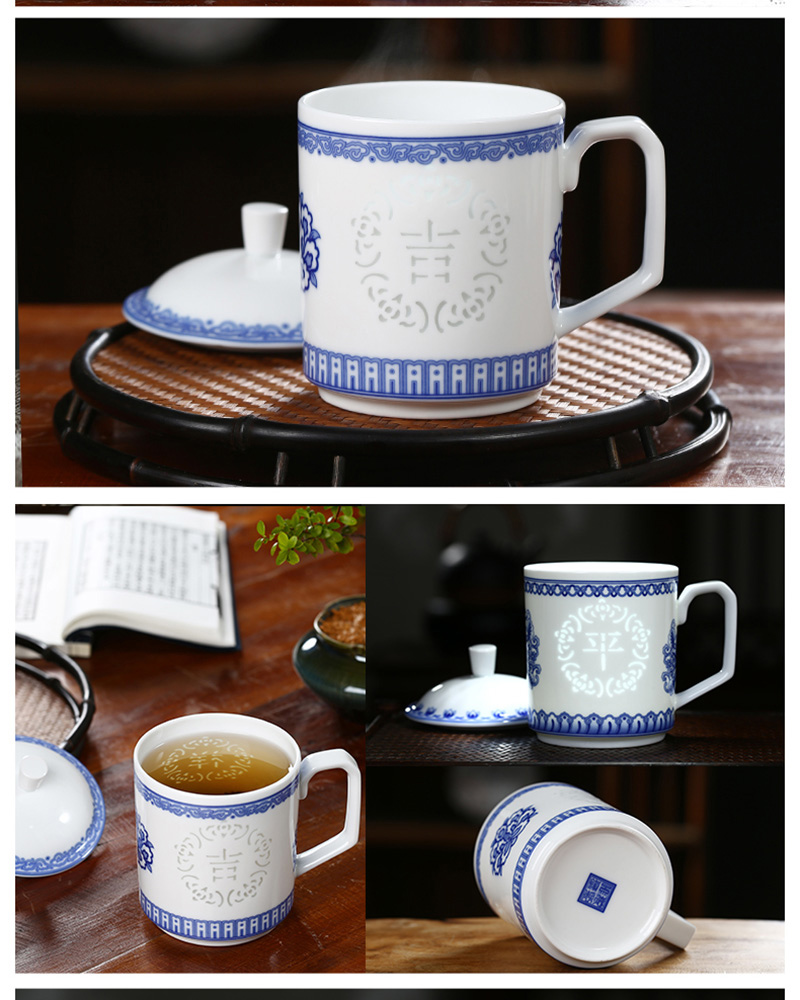 Jingdezhen blue and white ceramic tea cup and exquisite porcelain cup with cover mark cup cup household glass office meeting