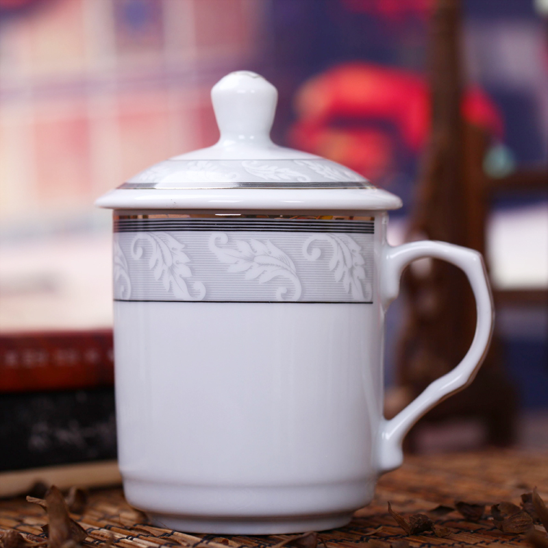 Jingdezhen ceramic cups with cover household glass glass hotel teahouse 10 suit office meeting