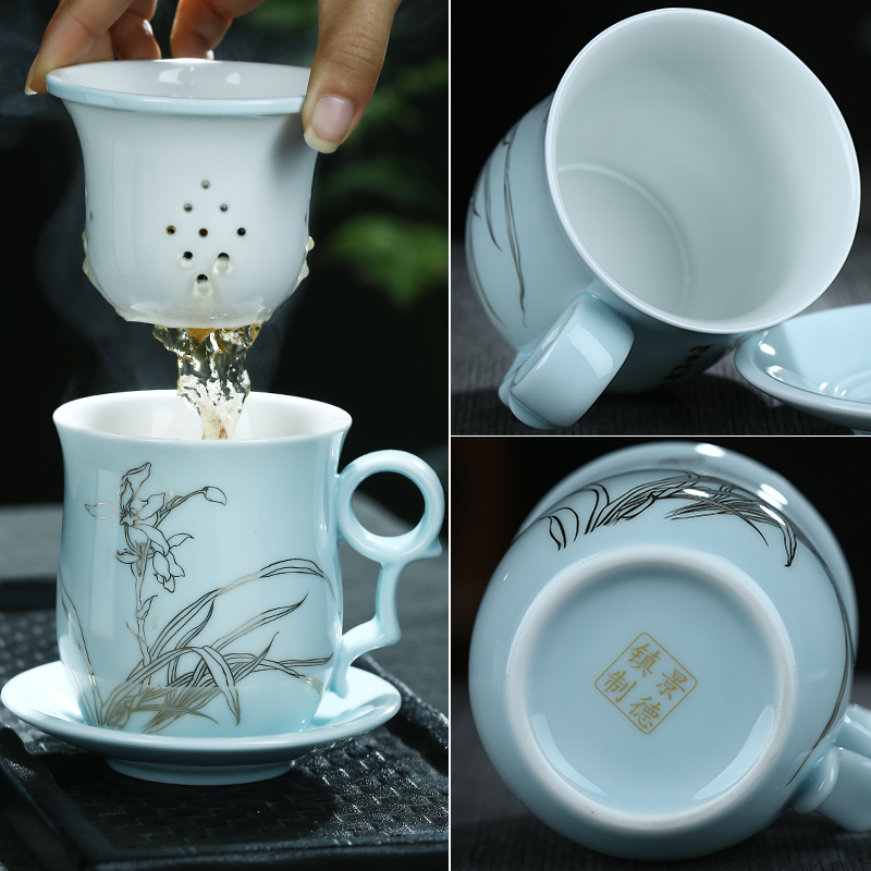 Jingdezhen ceramic filter cups with cover glass office personal cup tea celadon make tea cup set