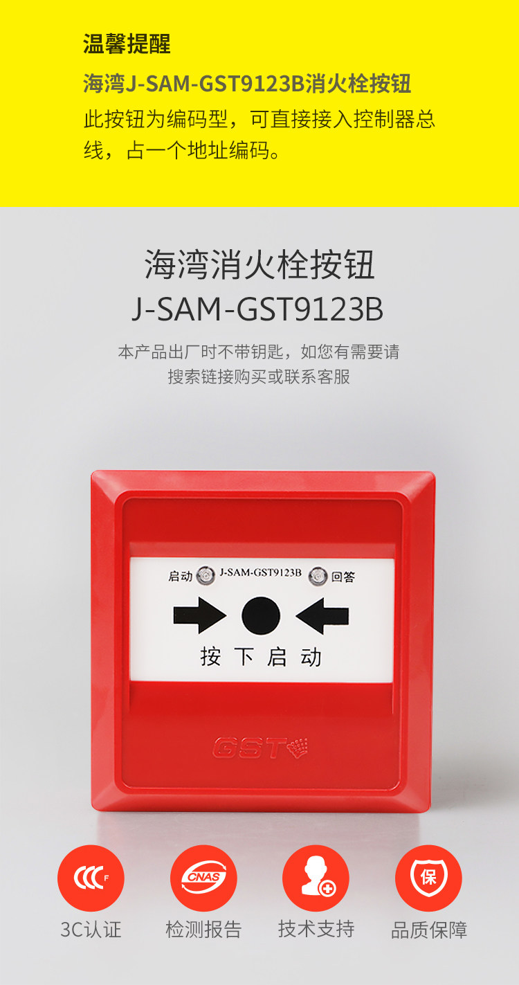 海湾消报消火栓启泵按钮j-sam-gst9123b报警启泵按钮不含钥匙gst
