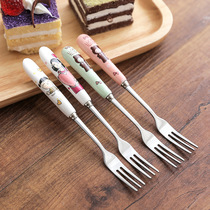 Home creative Cute ceramic handle fruit fork cartoon fruit fork stainless steel cute children fruit sign