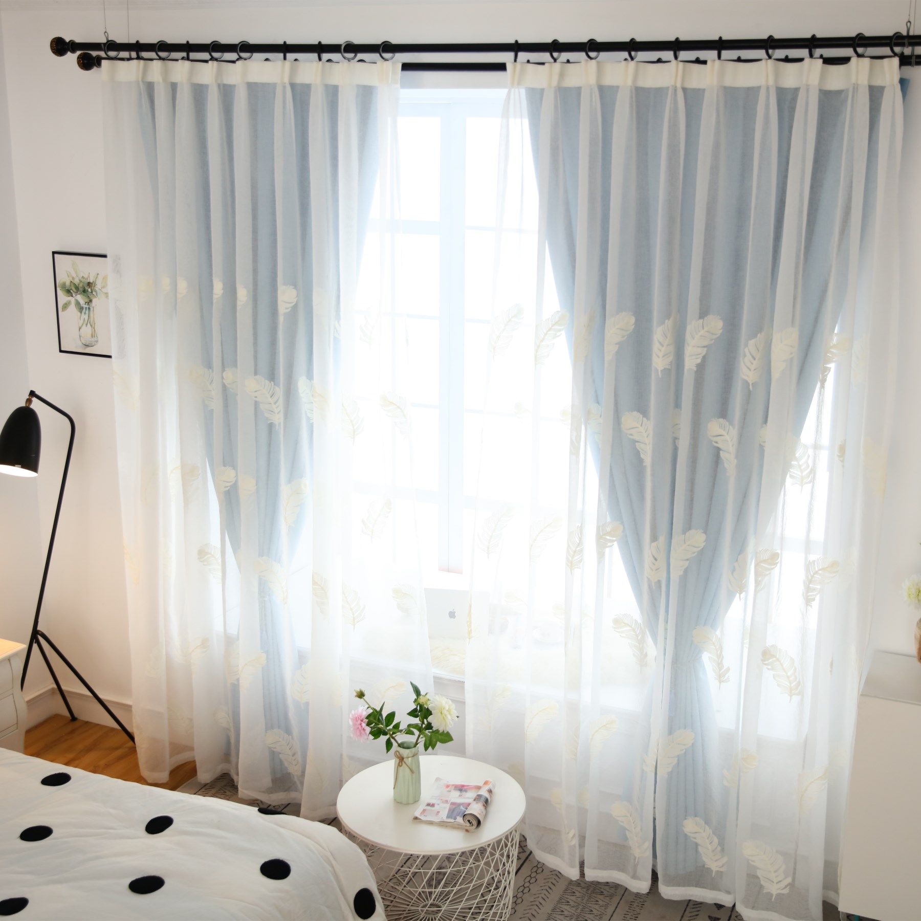 北欧网红ins羽毛双层窗帘成品简约现代窗纱带纱布纱一体卧室遮光