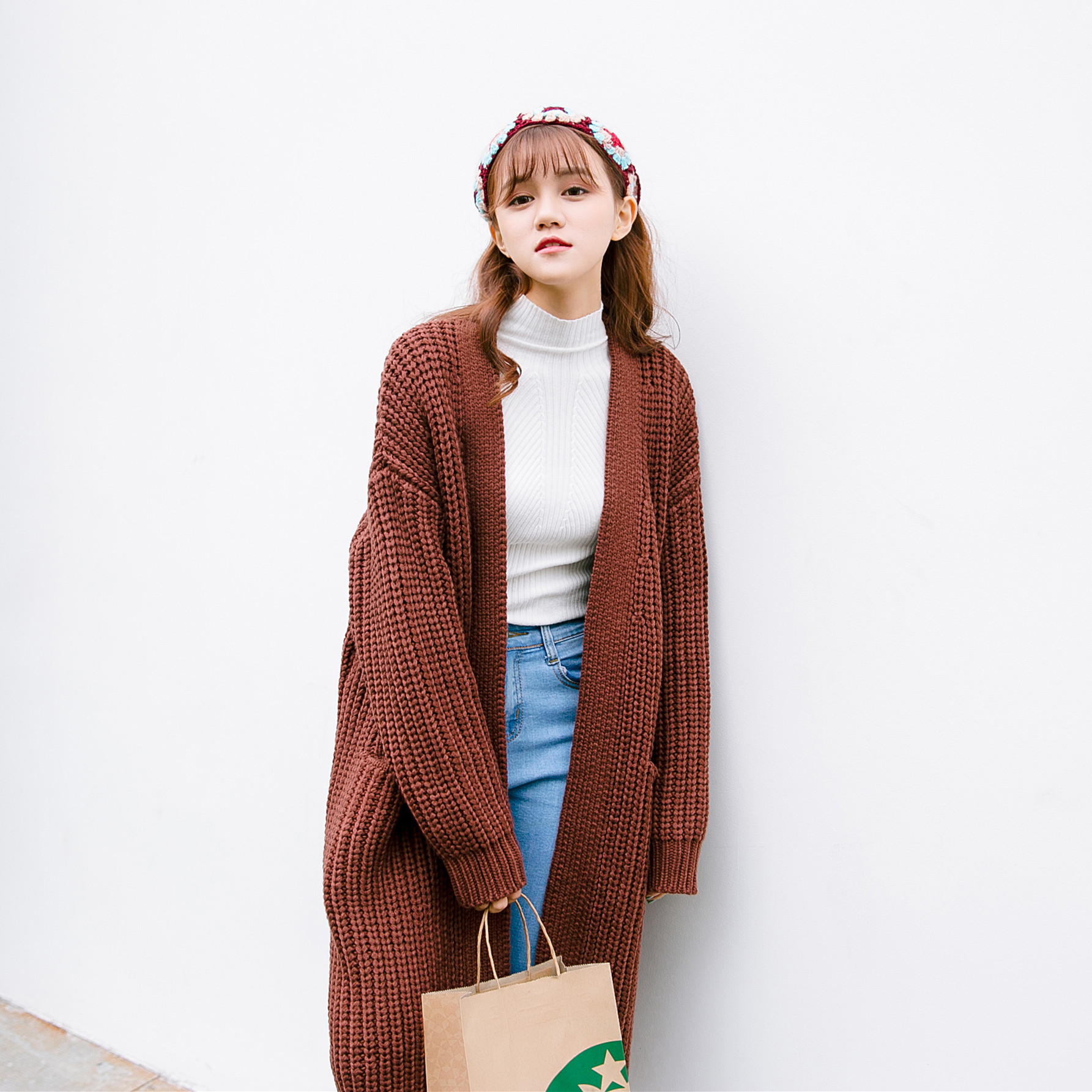 韩国 超厚实慵懒粗线大棒针光板纯色宽松大码长款开衫毛衣外套女