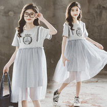 Girl Short Sleeve Dress Dress 2022 Summer Dress New CUHK Child Splicing Mesh Yarn Pure Cotton Skirt Child Princess Long Dress