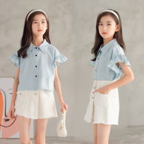 Girl Short Sleeve Princess Shirt 2022 Summer Dress New Girl Lotus Leaf Side Blouse Sweetness Denim Shirt Pro