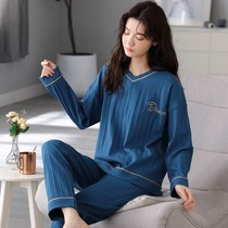Pao Blue Pyjamas Woman Spring Autumn Season Pure Cotton Long Sleeve 2021 New Womens Dress Korean Version Big Code Springs Home Gun