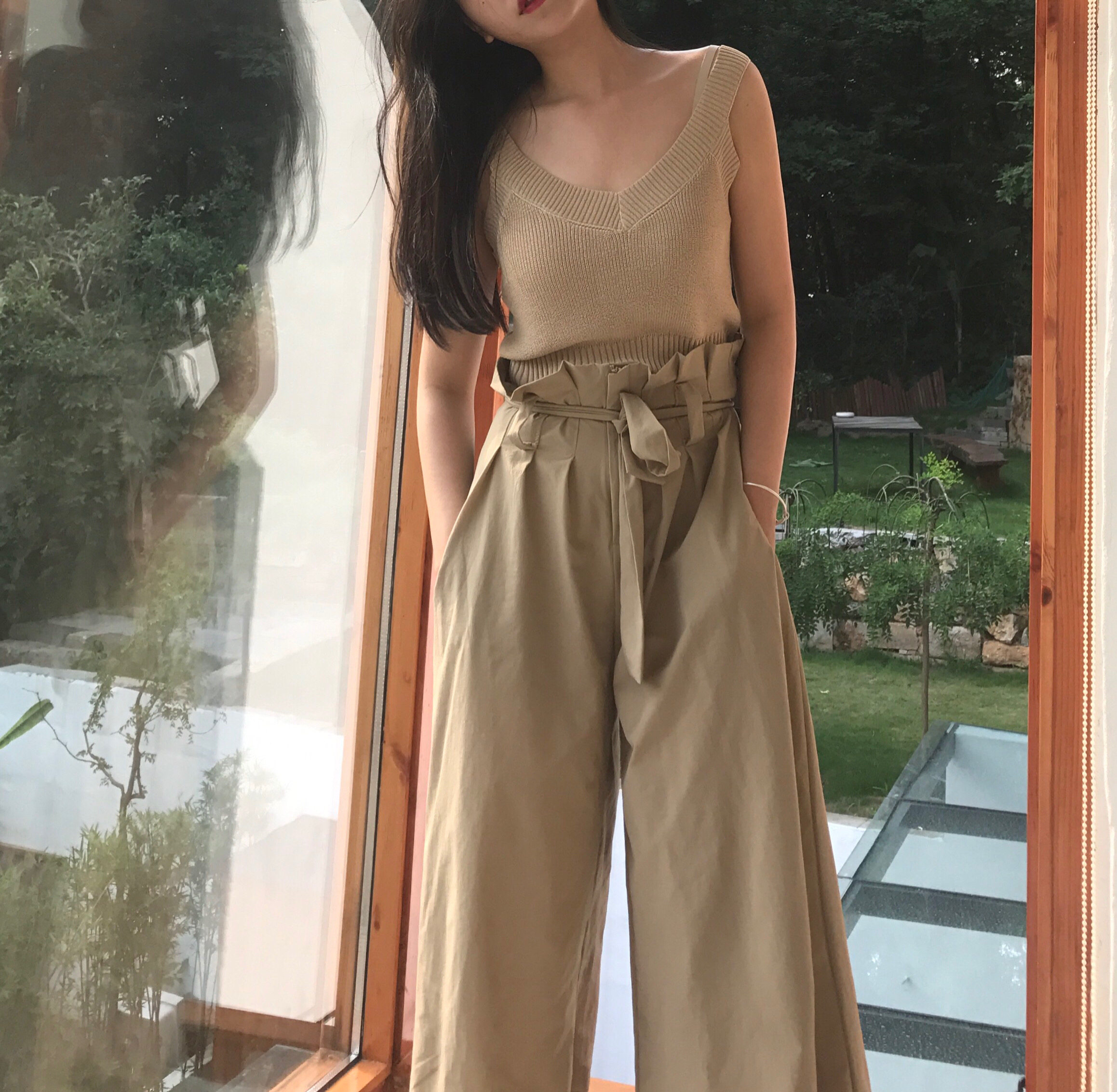 bellas温柔风阔腿裤夏季女士花苞高腰九分系带休闲裤宽松显瘦裤子