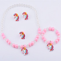 Children necklace set pink crystal beaded pendant pony unicorn bracelet ring ear clip female Princess jewelry