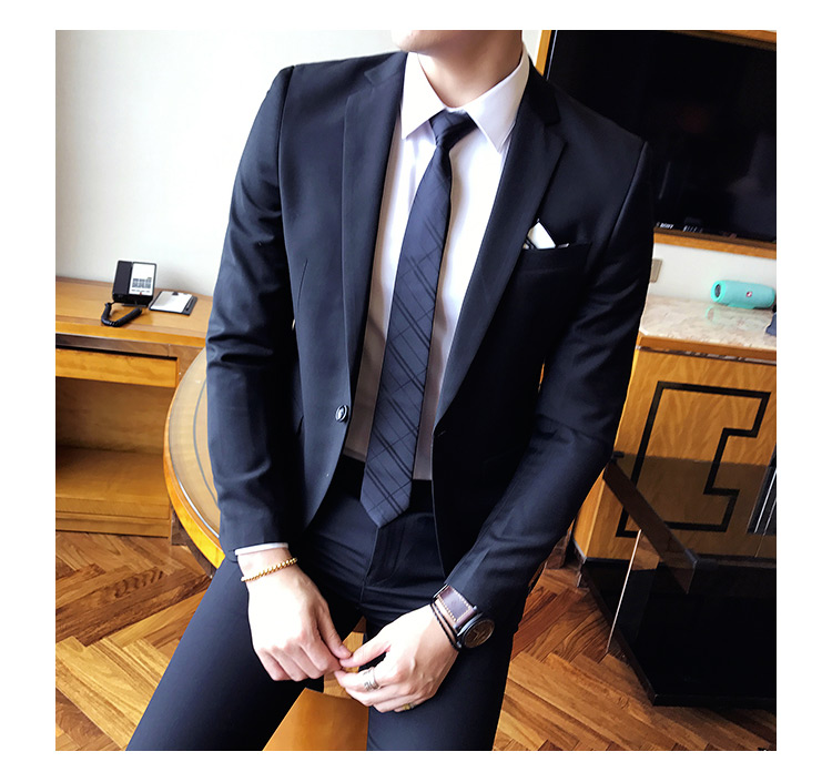 绅士英伦西服套装韩版修身纯色一粒扣两件套西装男w6503/p200深灰