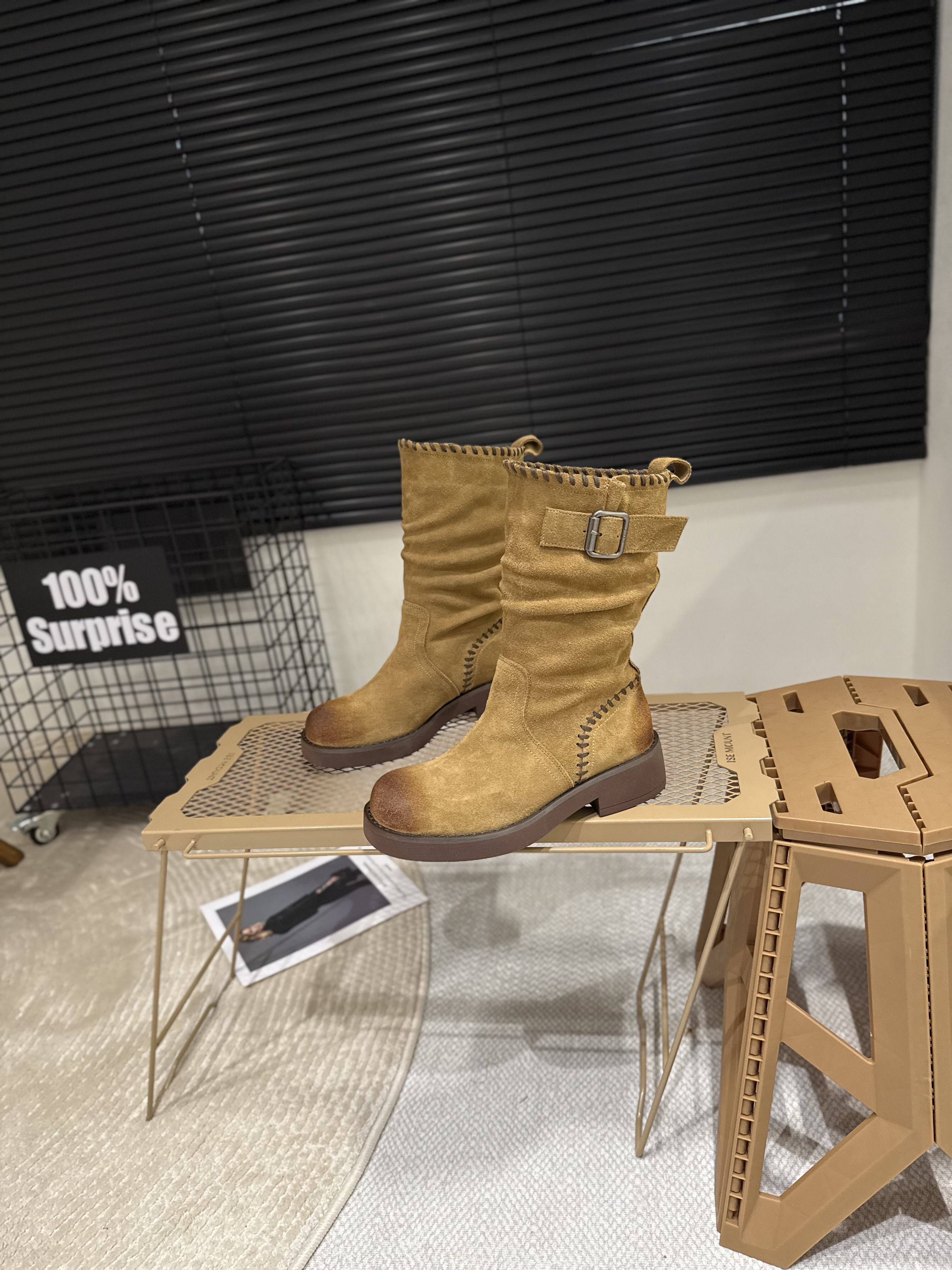 Западные Boots 复古磨砂皮西部牛仔靴女2025年秋冬堆堆靴圆头套筒爆款中筒马丁靴