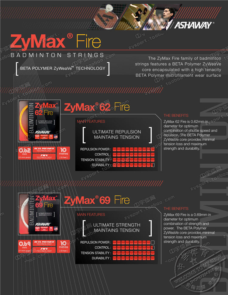 Струны для ракетки 正品雅沙维ashaway傲时威zymax62fire羽毛球线 高弹性线径0.62