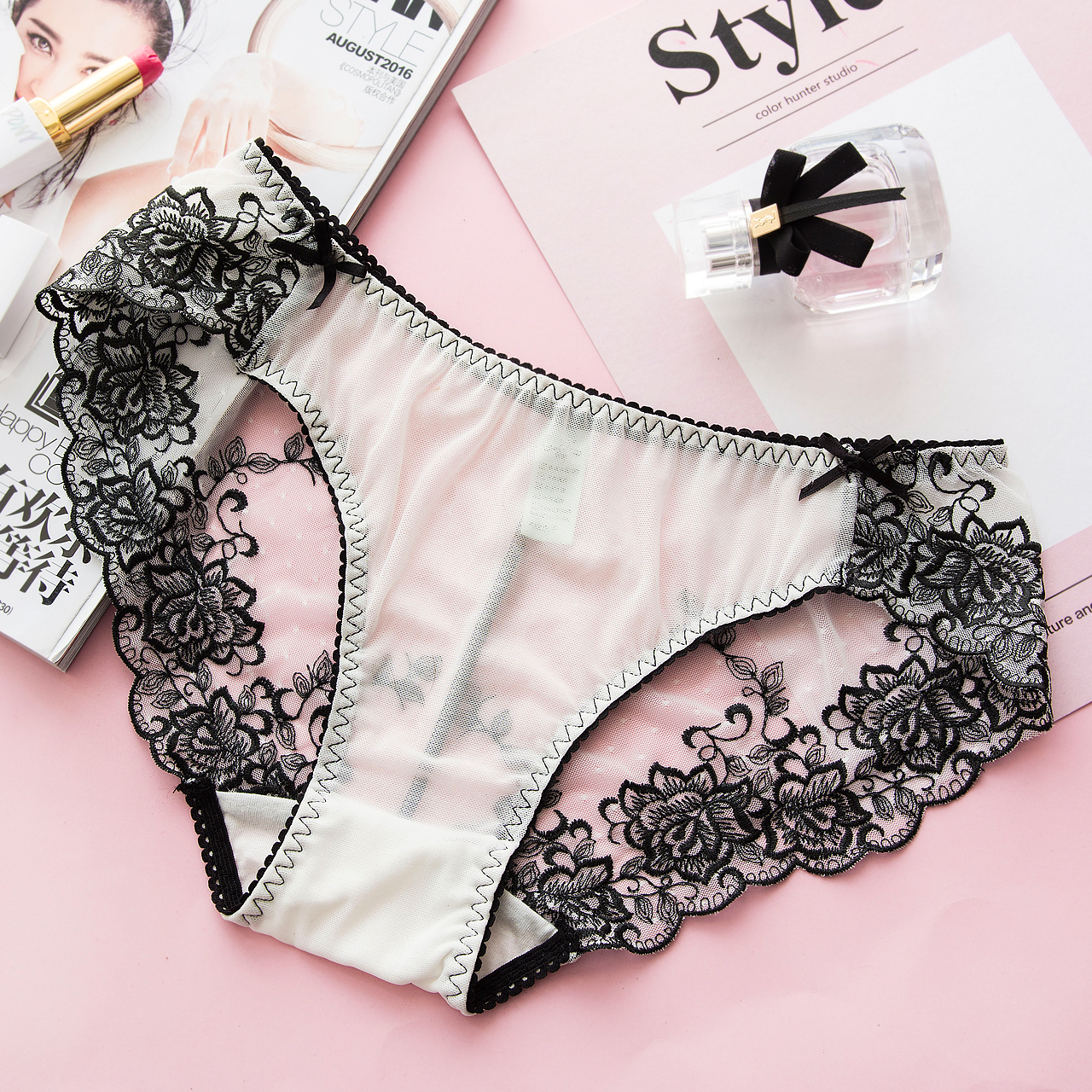 莎琪儿内裤女蕾丝超薄性感透明透视三角裤日系冰丝低腰火辣底裤夏