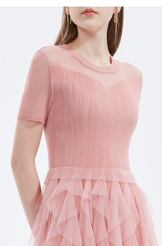FIVE PLUS2021 mới của phụ nữ váy lưới phù hợp với vòng eo cao có bèo nhún váy dài tay ngắn mỏng - váy đầm