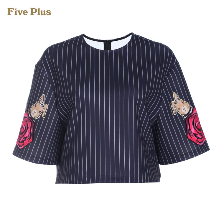 Five Plus2015新女秋装条纹印花图案宽松短款短袖衬衫2YM3010640