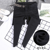 Black BAO WEN nine-point jeans womens small feet pants hole patch cloth tight hair plus thin velvet 2021 autumn and winter New