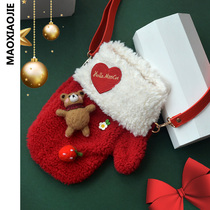 Original design Christmas Sox gift bag Hand cute plush diagonal satchel Christmas gloves decorated with small bear bag