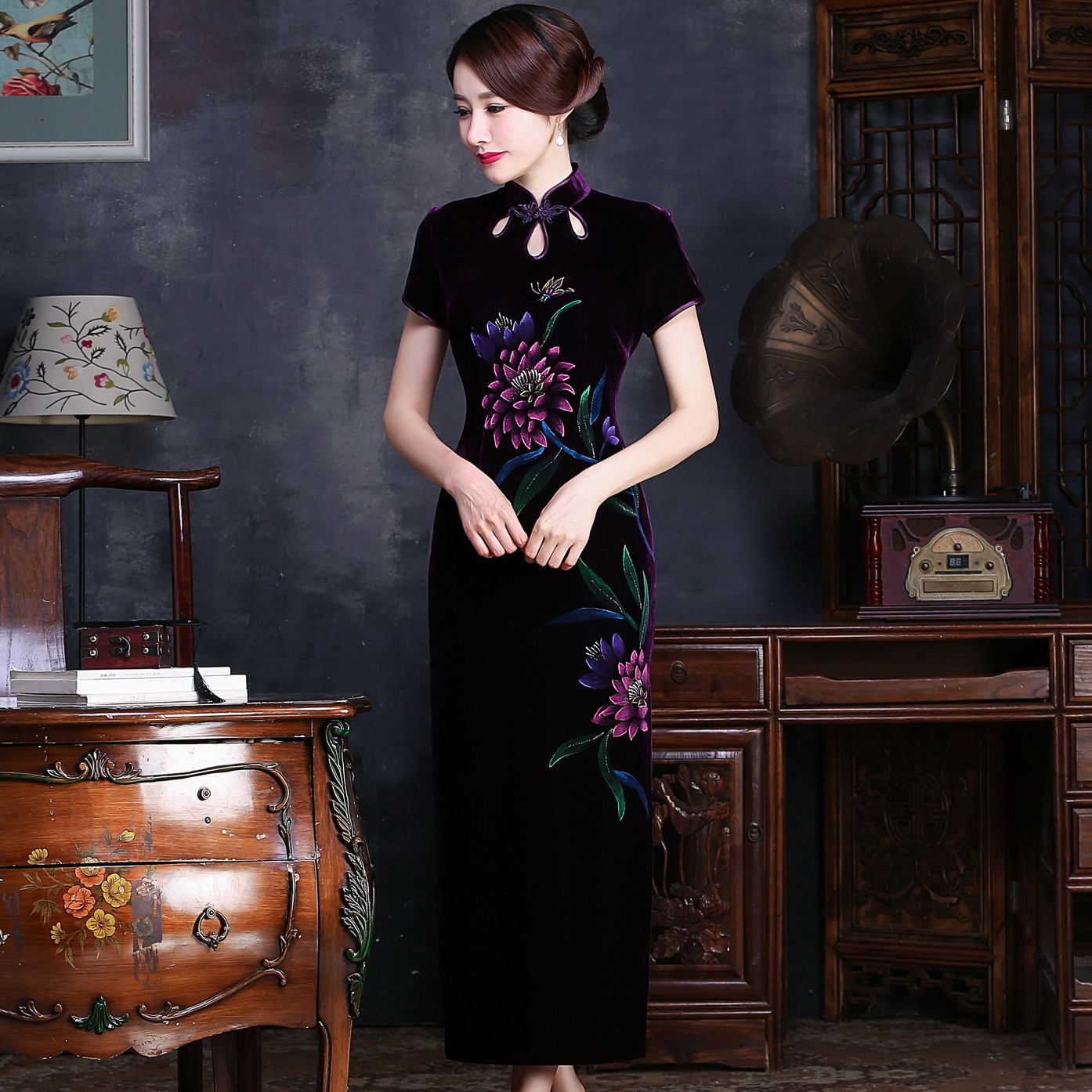 一珂锦绣陶玉梅官方旗舰店钱塘佳人名媛高端织布鸟春秋丝绒旗袍裙_不