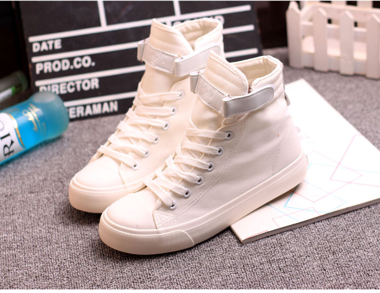 2016新款魔术贴白色高帮帆布鞋女内增高韩版