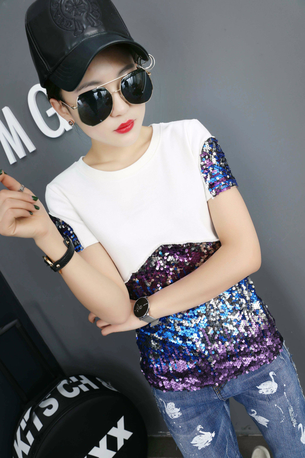 春季新款女装纯棉磨毛亮片短袖t恤大码半袖运动休闲百搭显瘦打底_不