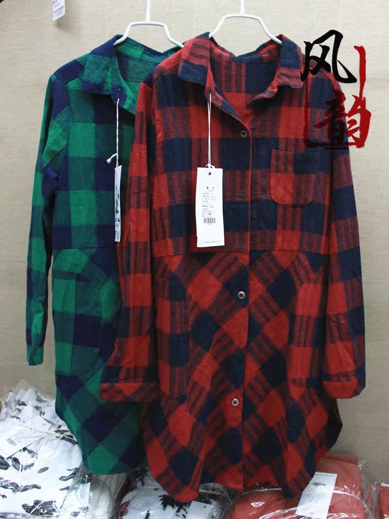 耀阁17sq*-2008正品女装2017秋季新款时尚休闲亚麻格子长款女衬衫_7折